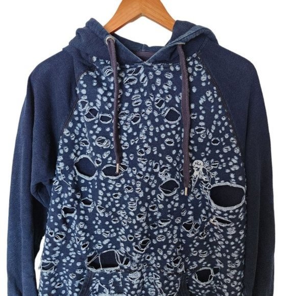 PRPS Goods Indigo Blue Distressed Hooded Sweatshirt 2XL Kangaroo Pocket Slim aci - Picture 5 of 16